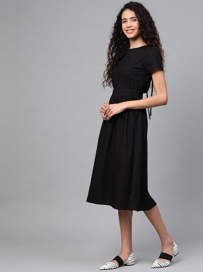 Women's Black Back Placket Gathered Dress
