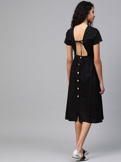 Women's Black Back Placket Gathered Dress