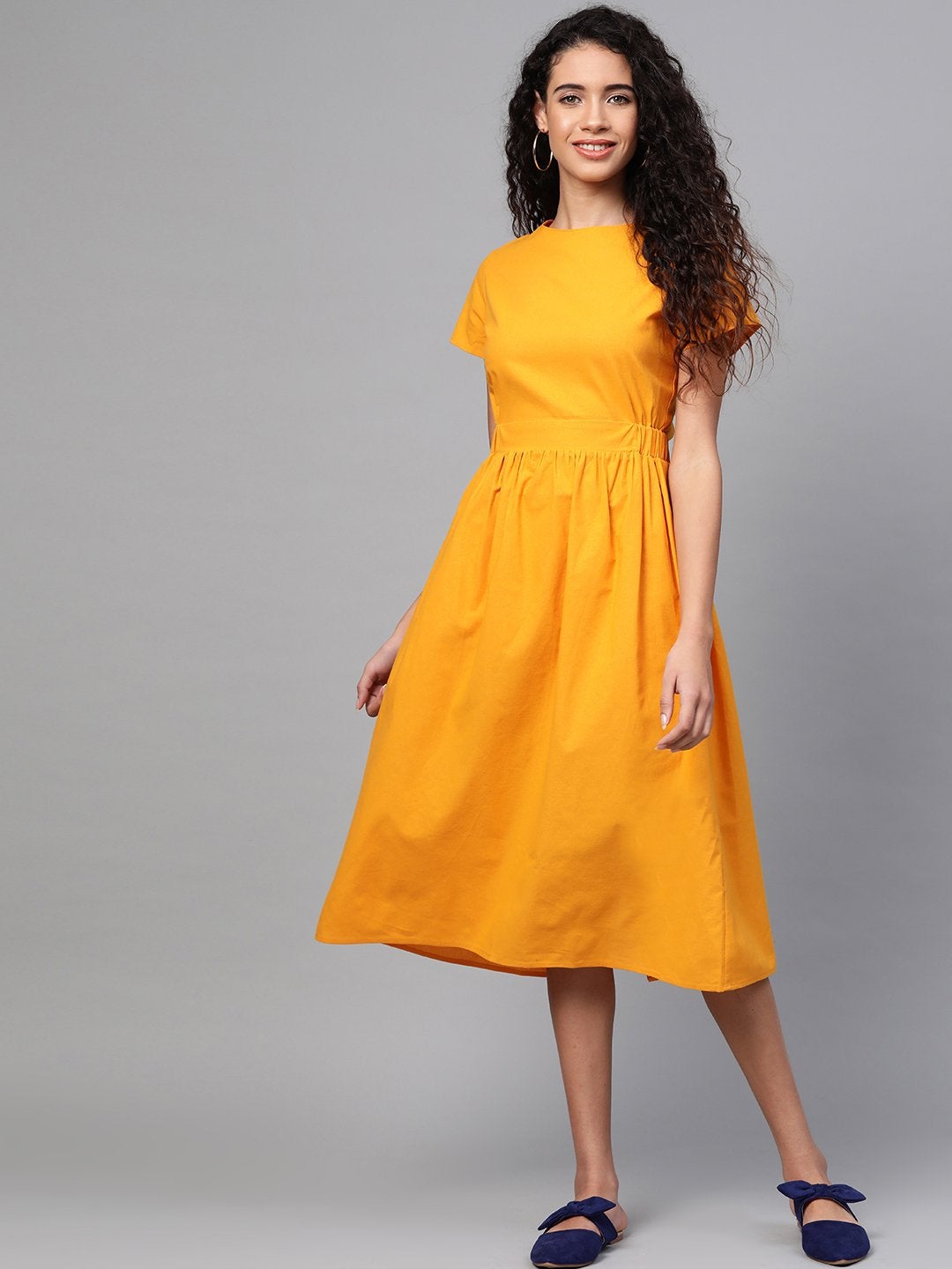Women's Mustard Back Placket Gathered Dress