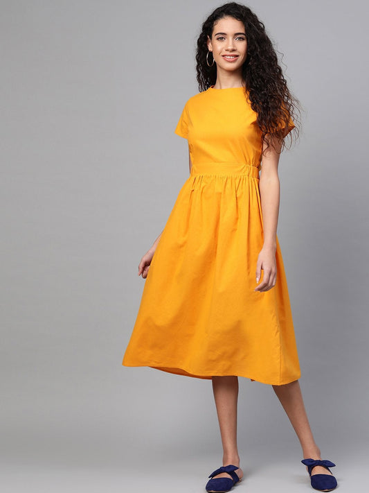 Women's Mustard Back Placket Gathered Dress