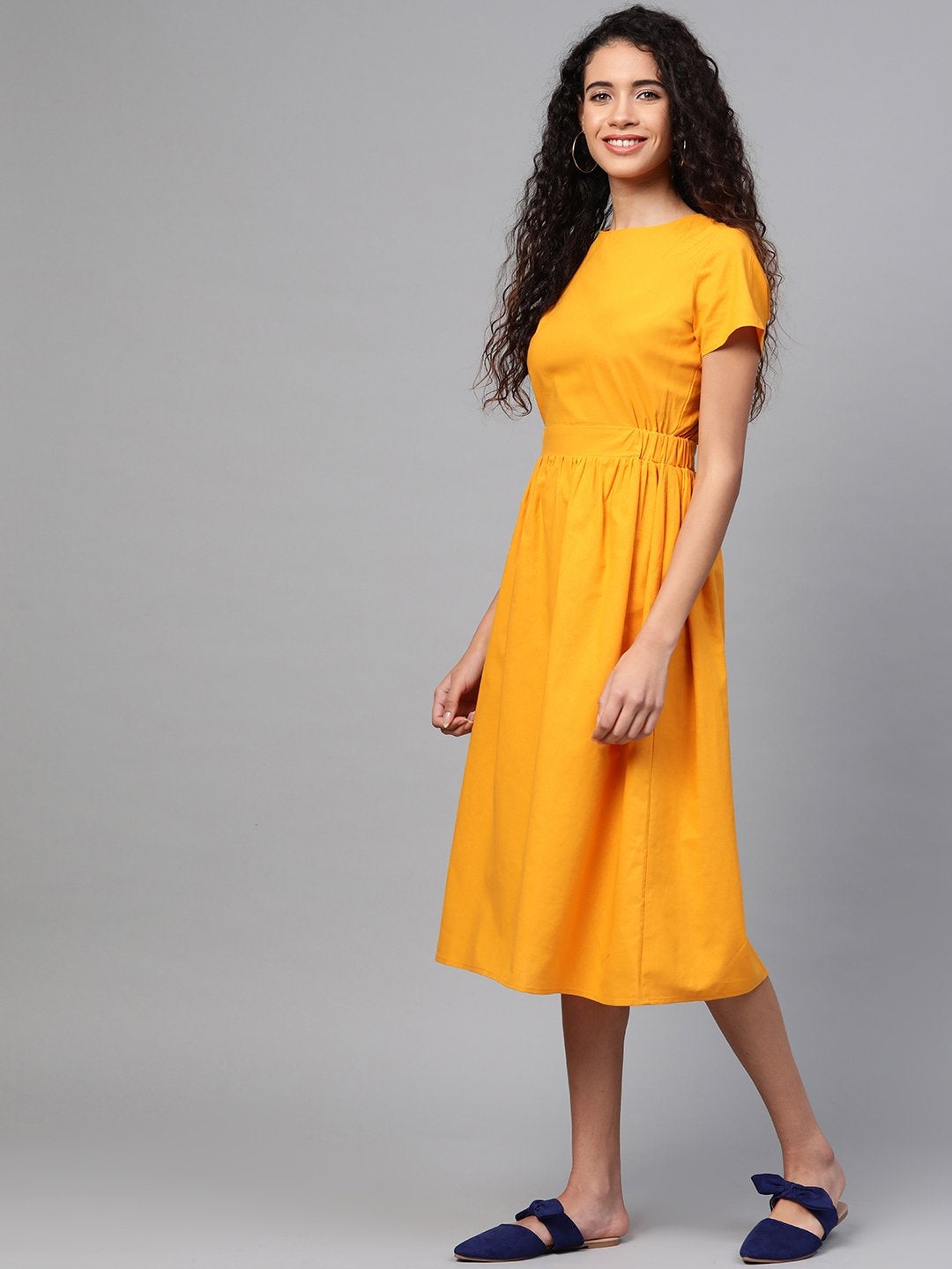 Women's Mustard Back Placket Gathered Dress