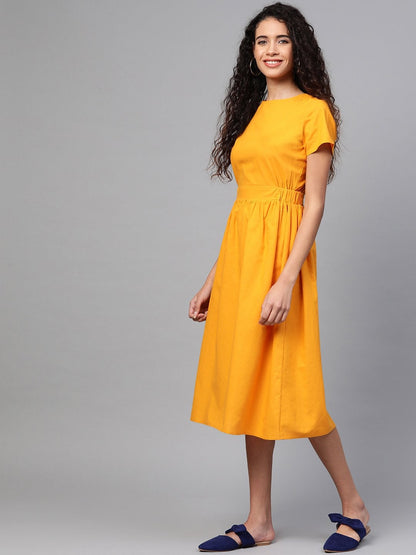 Women's Mustard Back Placket Gathered Dress