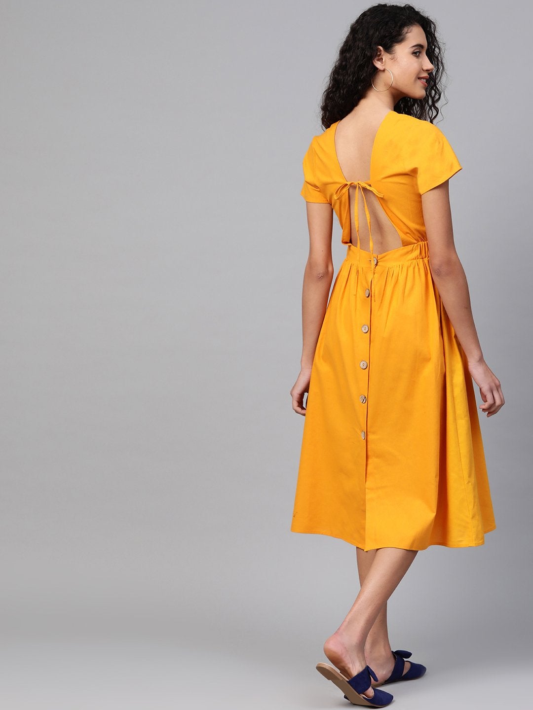 Women's Mustard Back Placket Gathered Dress