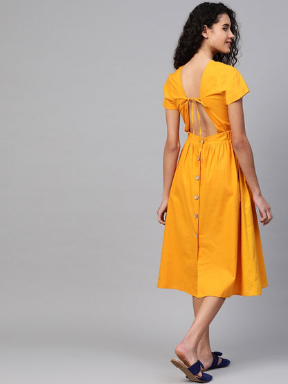 Women's Mustard Back Placket Gathered Dress