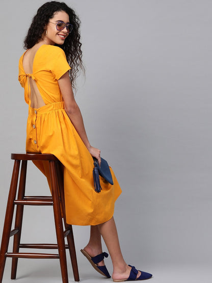 Women's Mustard Back Placket Gathered Dress