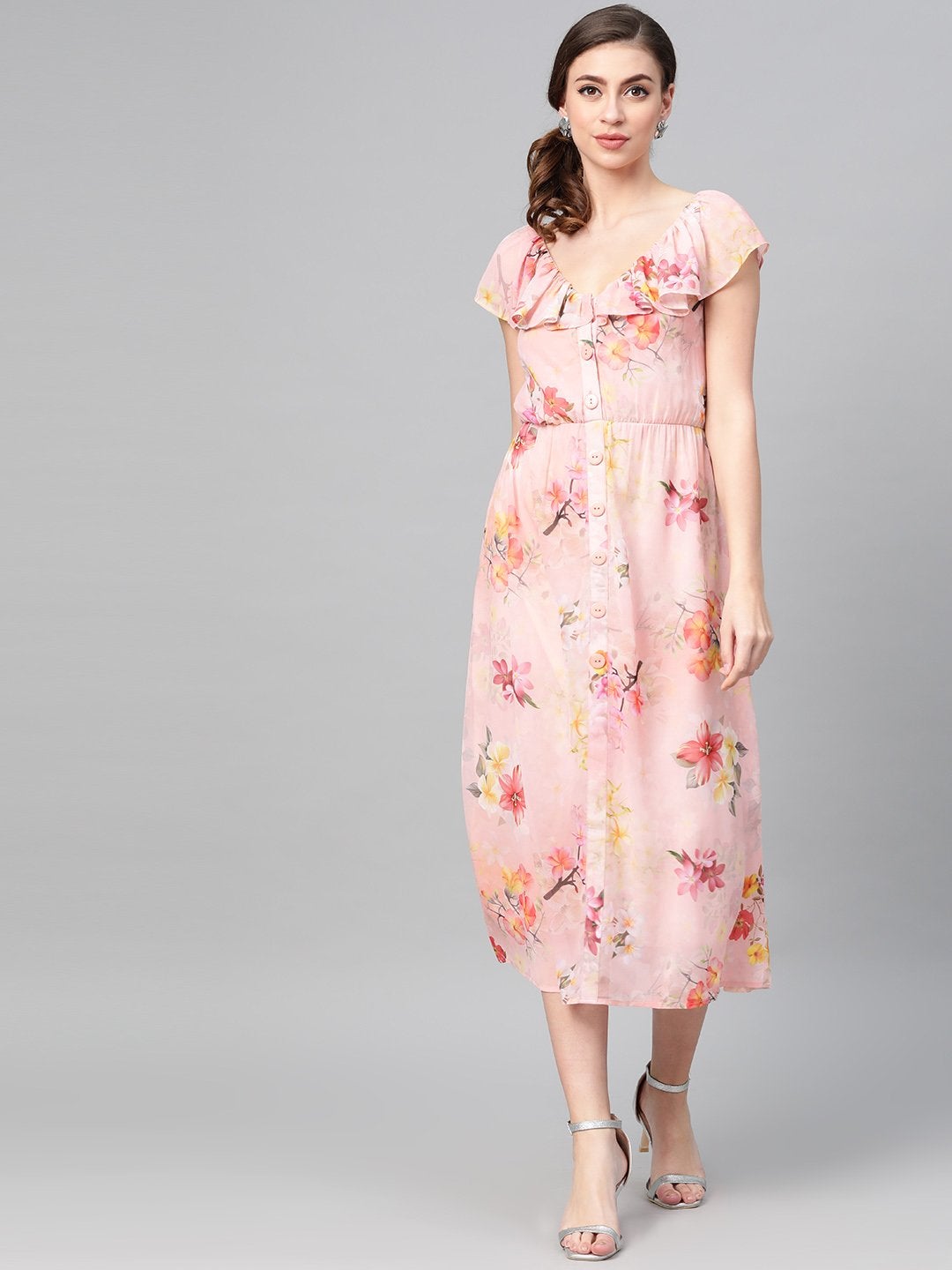 Women's Peach Floral Front Button Frill Dress