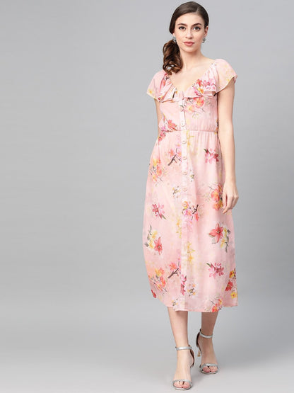 Women's Peach Floral Front Button Frill Dress