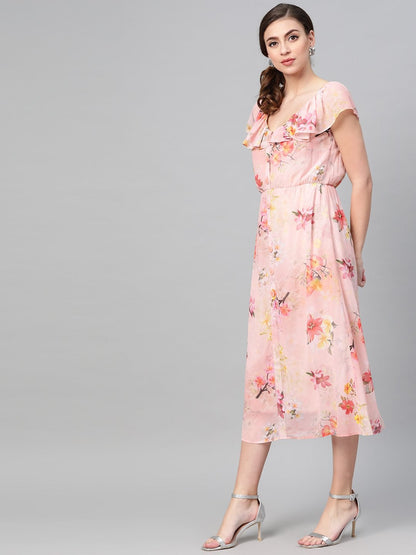 Women's Peach Floral Front Button Frill Dress