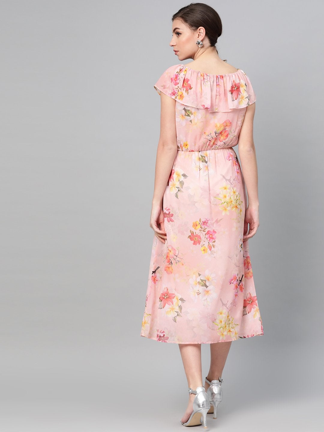Women's Peach Floral Front Button Frill Dress