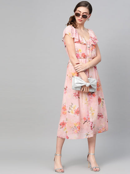 Women's Peach Floral Front Button Frill Dress