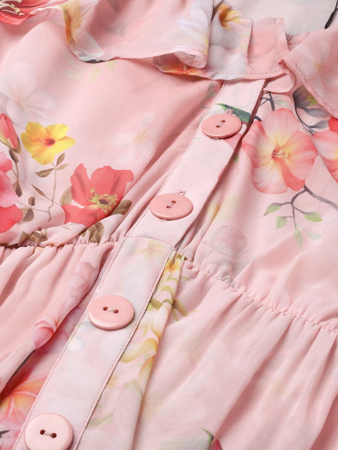 Women's Peach Floral Front Button Frill Dress
