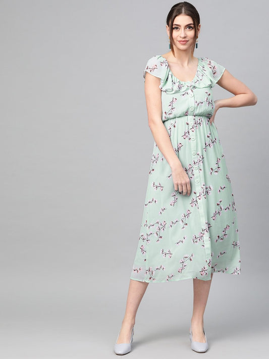 Women's Sea Green Floral Front Button Frill Dress