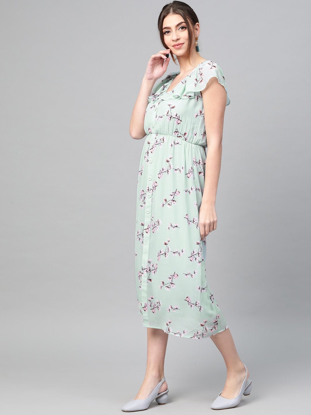 Women's Sea Green Floral Front Button Frill Dress
