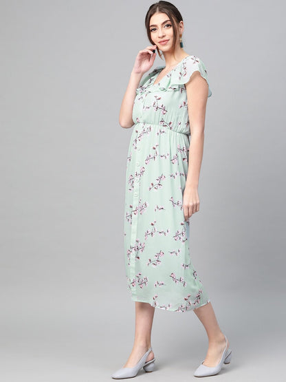 Women's Sea Green Floral Front Button Frill Dress