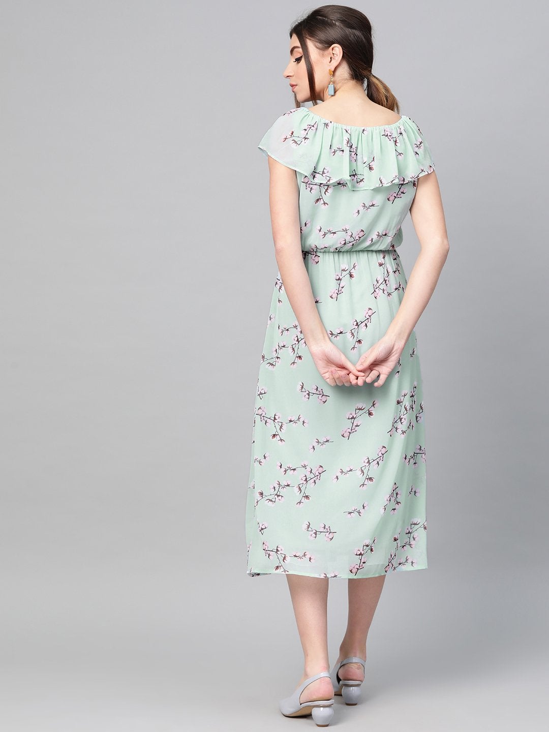 Women's Sea Green Floral Front Button Frill Dress