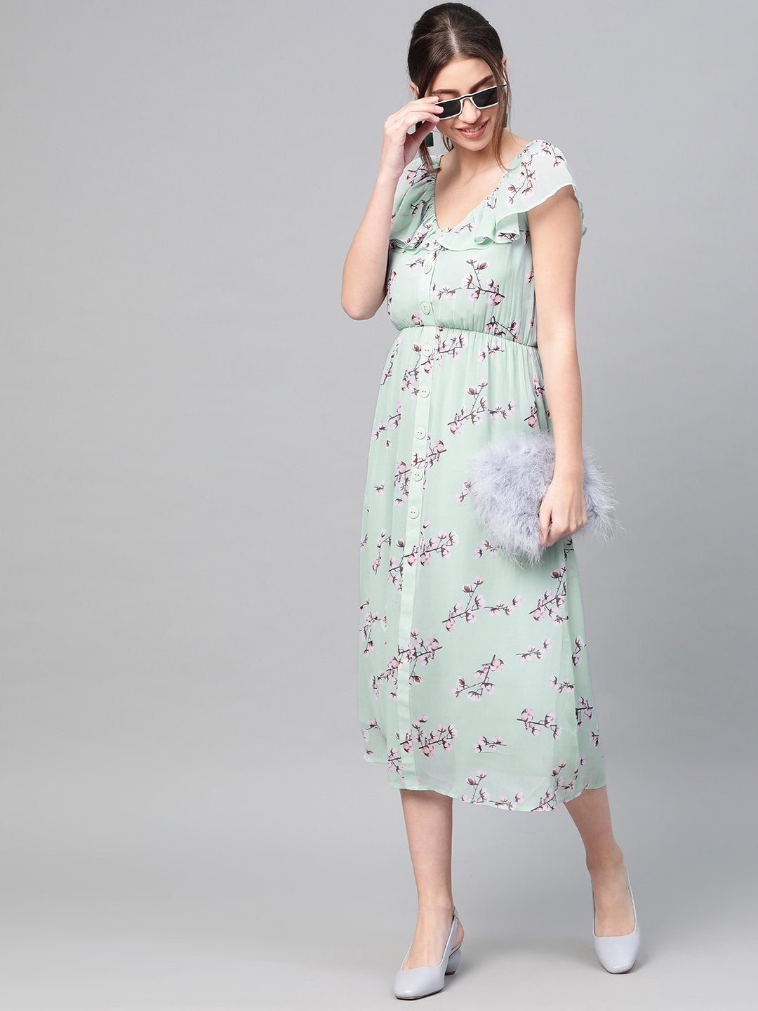 Women's Sea Green Floral Front Button Frill Dress