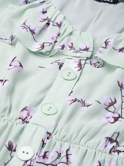 Women's Sea Green Floral Front Button Frill Dress
