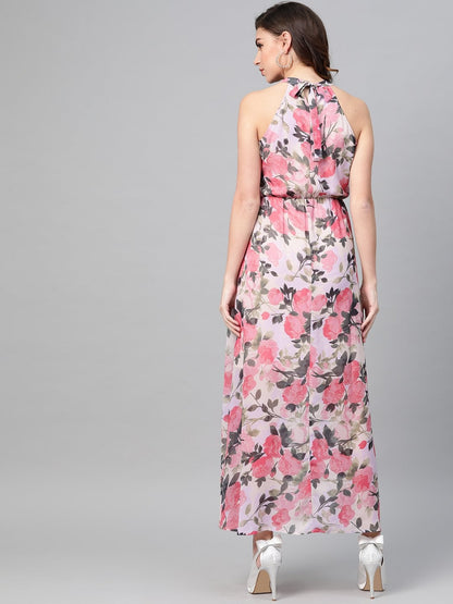 Women's Beige Floral Halter Neck Maxi Dress
