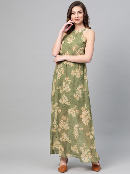 Women's Moss Green Floral Halter Neck Maxi Dress