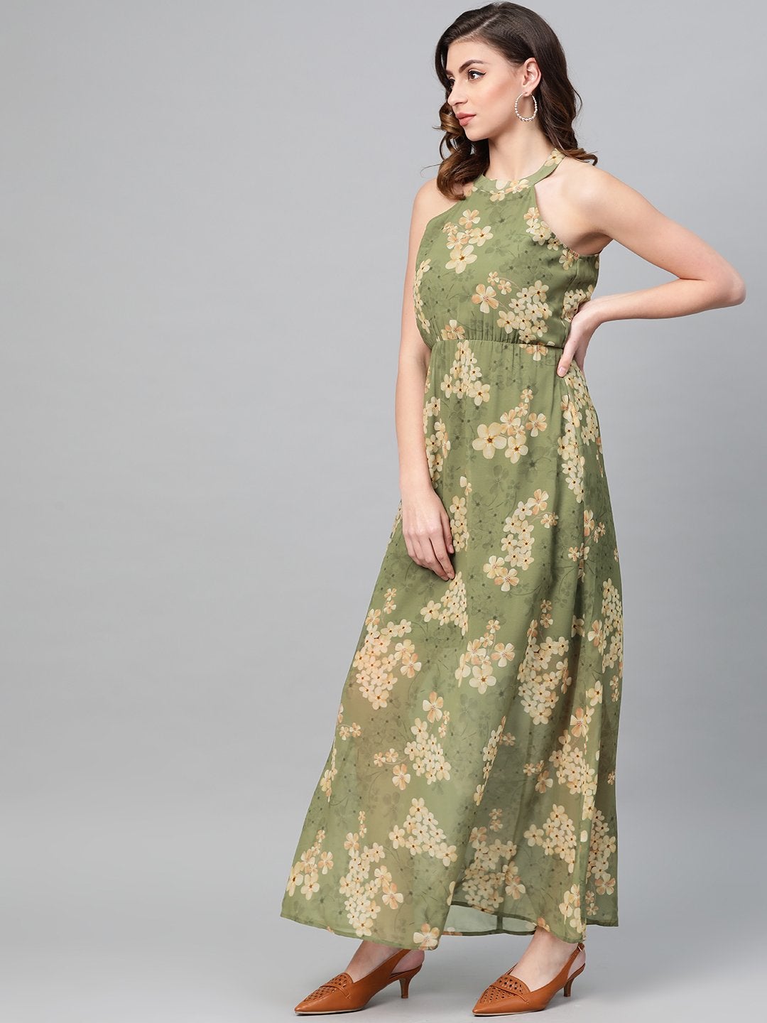Women's Moss Green Floral Halter Neck Maxi Dress