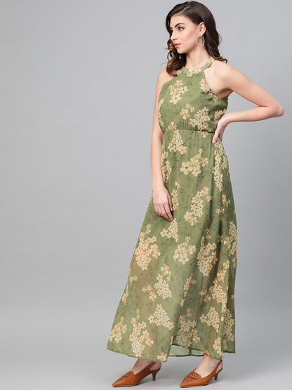 Women's Moss Green Floral Halter Neck Maxi Dress