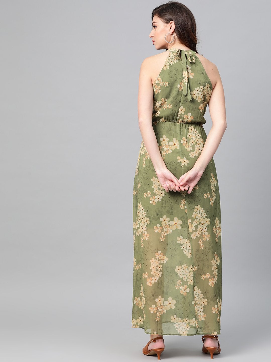 Women's Moss Green Floral Halter Neck Maxi Dress