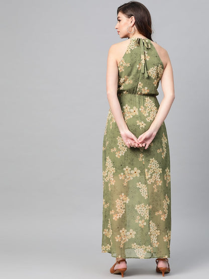 Women's Moss Green Floral Halter Neck Maxi Dress