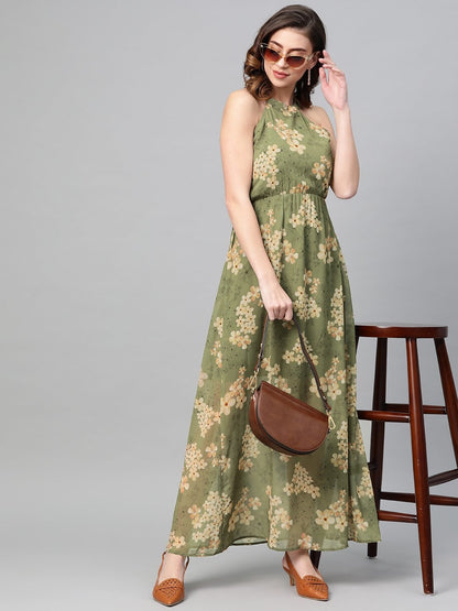 Women's Moss Green Floral Halter Neck Maxi Dress