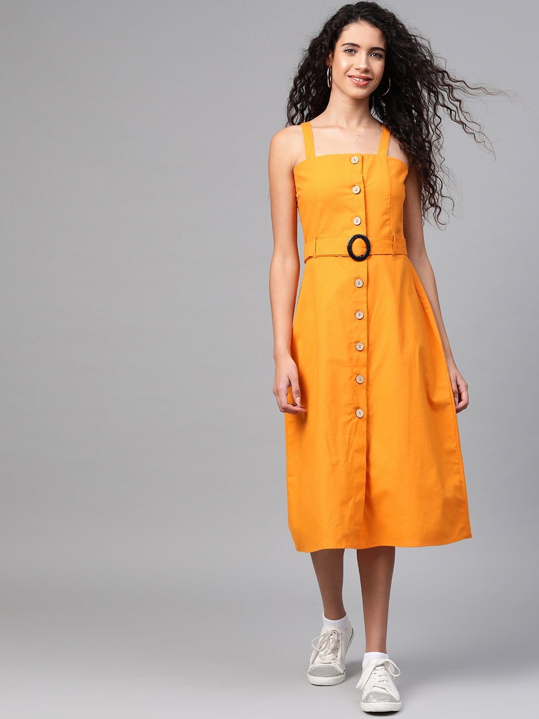 Women's Mustard Front Button Placket Strappy Dress