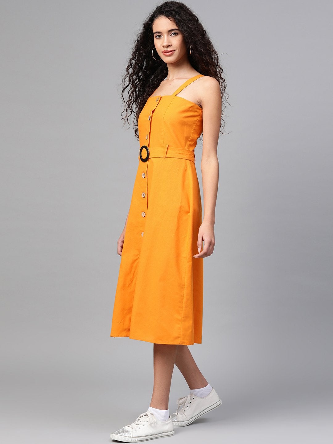 Women's Mustard Front Button Placket Strappy Dress