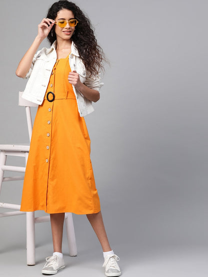 Women's Mustard Front Button Placket Strappy Dress