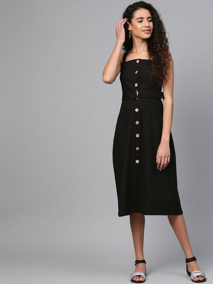 Women's Black Front Button Placket Strappy Dress