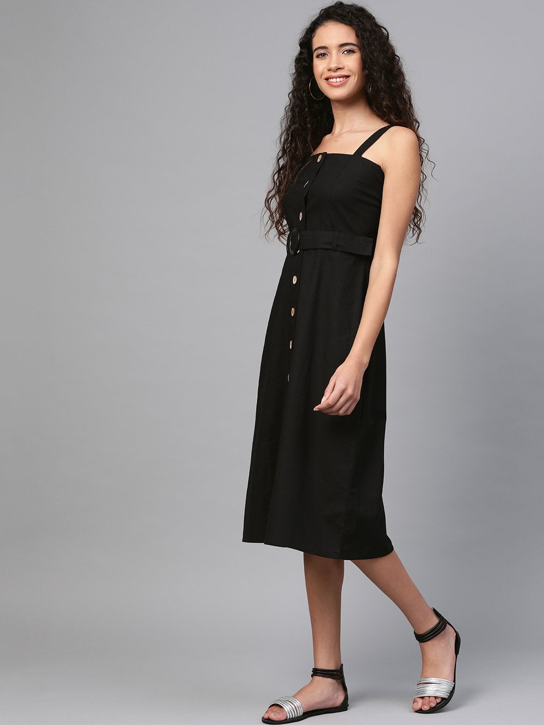 Women's Black Front Button Placket Strappy Dress