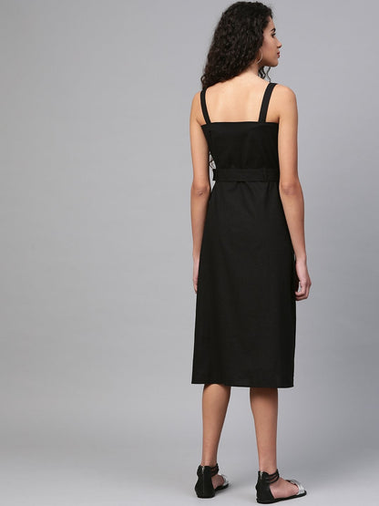 Women's Black Front Button Placket Strappy Dress