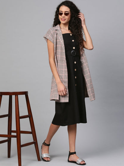 Women's Black Front Button Placket Strappy Dress