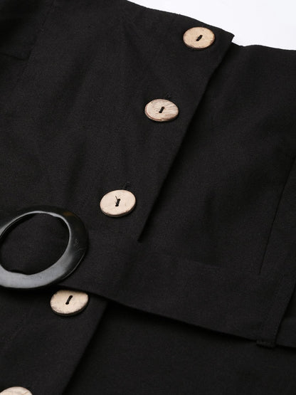 Women's Black Front Button Placket Strappy Dress