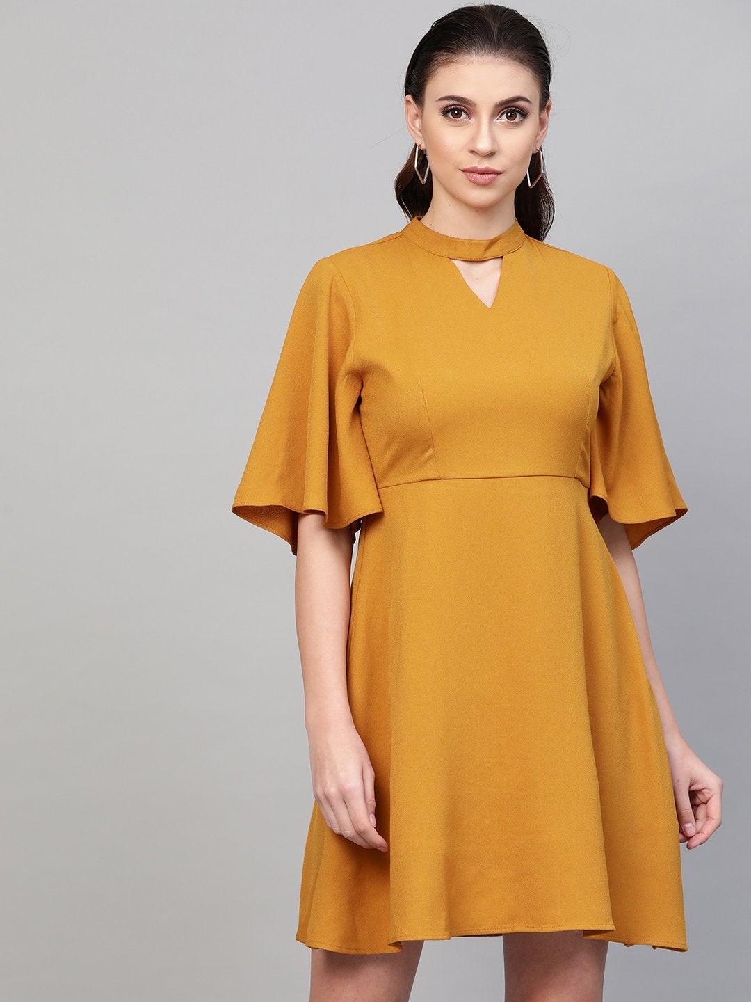 Women's Mustard Choker Neck Skater Dress