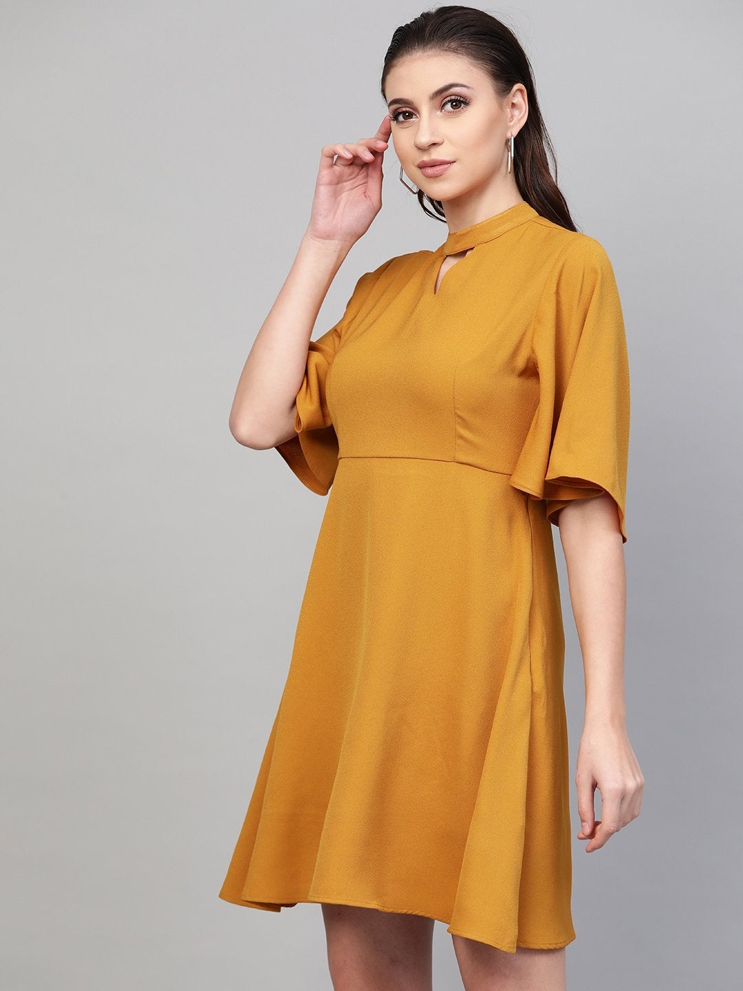 Women's Mustard Choker Neck Skater Dress