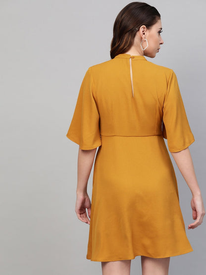 Women's Mustard Choker Neck Skater Dress