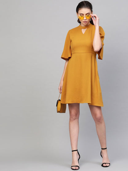 Women's Mustard Choker Neck Skater Dress