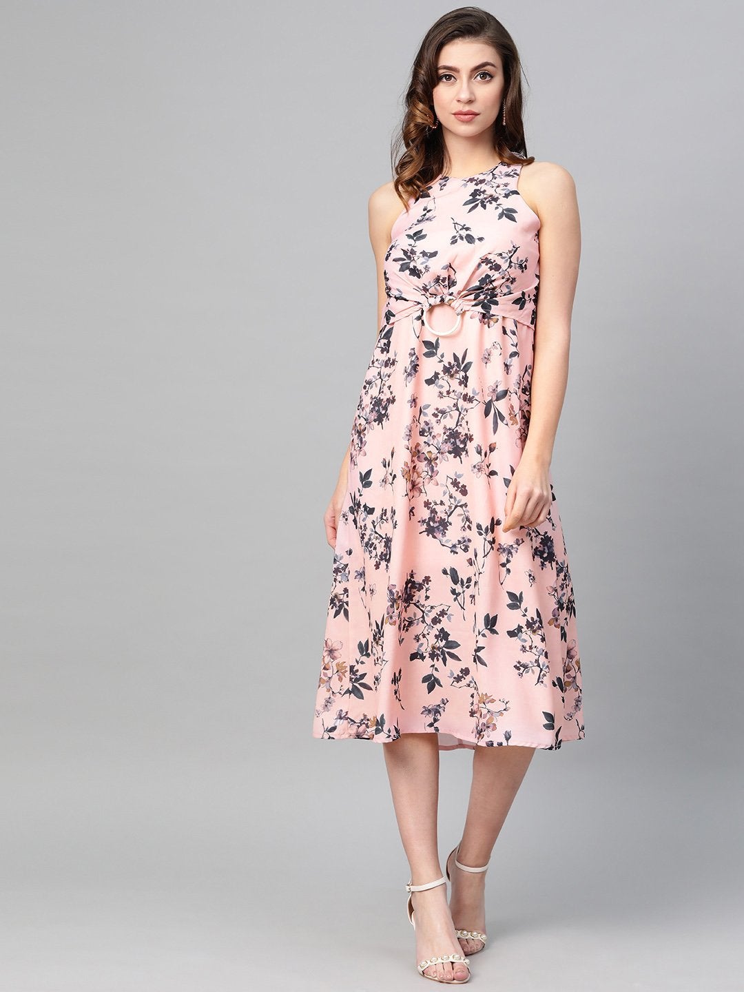 Women's Pink Floral Ring Loop Midi Dress