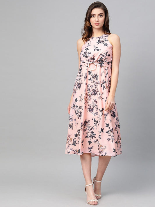 Women's Pink Floral Ring Loop Midi Dress