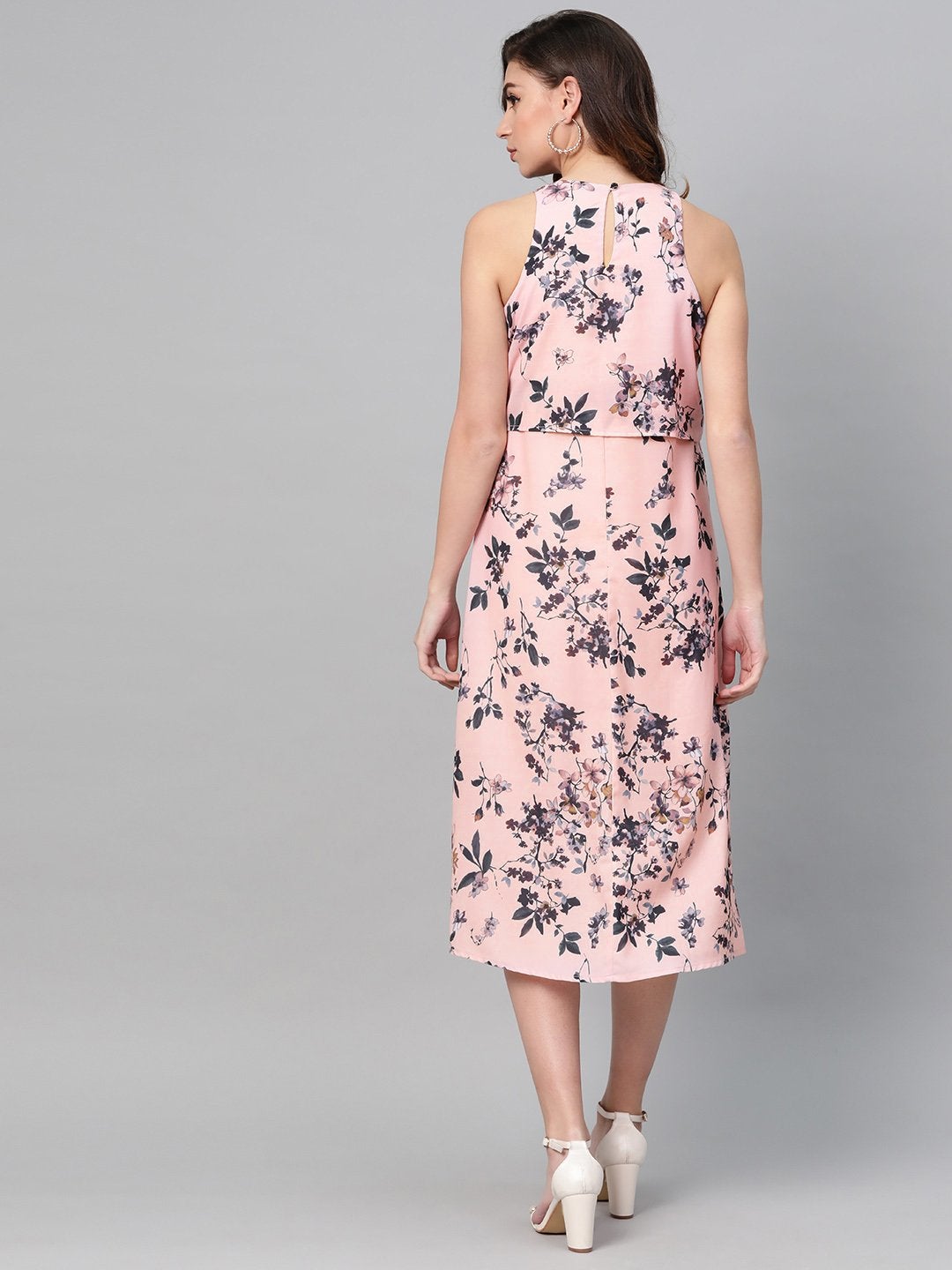 Women's Pink Floral Ring Loop Midi Dress