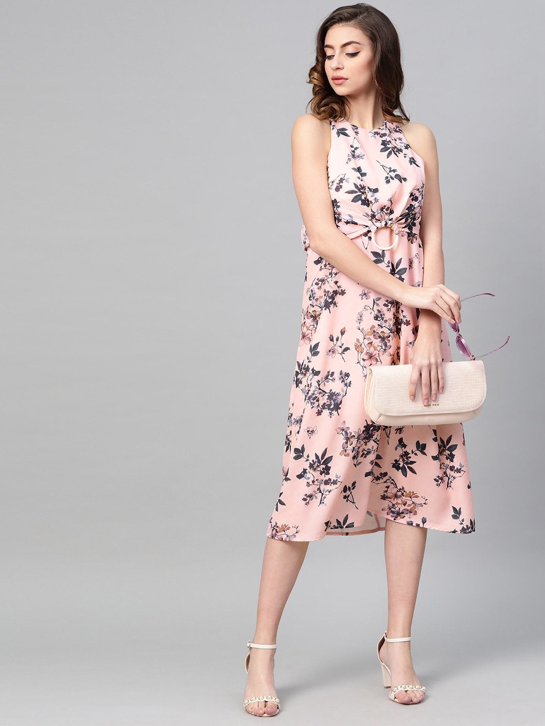 Women's Pink Floral Ring Loop Midi Dress