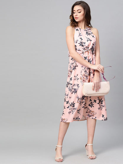 Women's Pink Floral Ring Loop Midi Dress