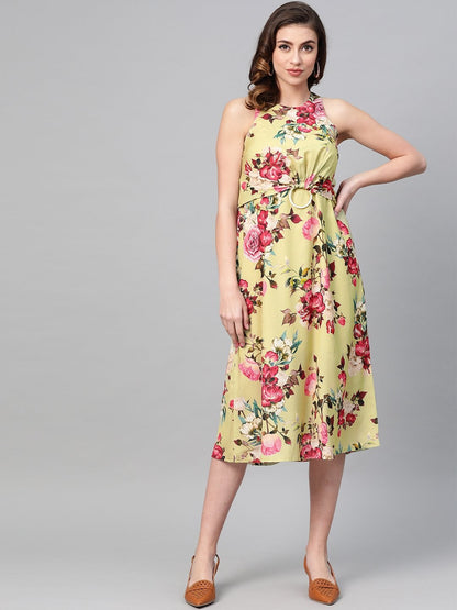 Women's Green Floral Ring Loop Midi Dress