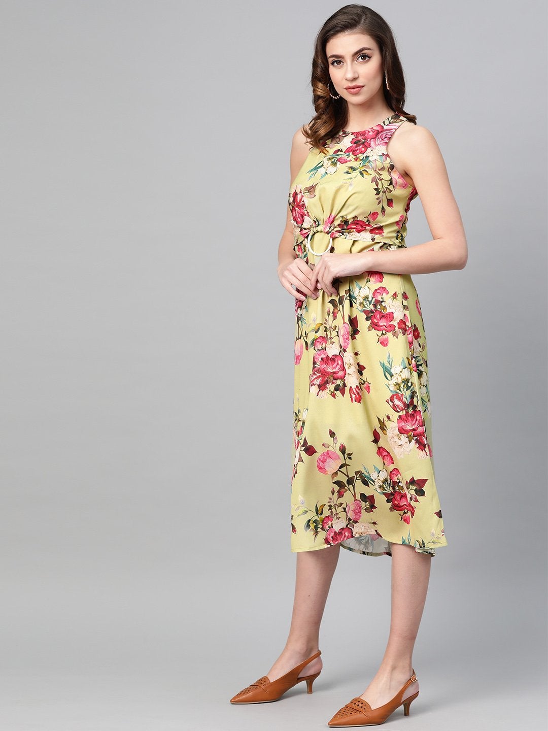 Women's Green Floral Ring Loop Midi Dress