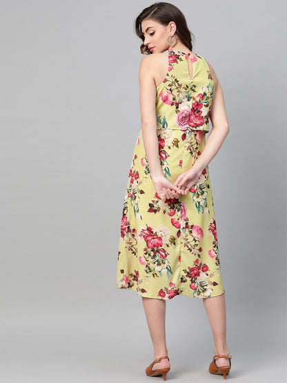 Women's Green Floral Ring Loop Midi Dress