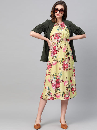 Women's Green Floral Ring Loop Midi Dress