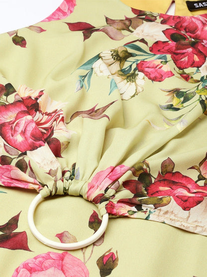 Women's Green Floral Ring Loop Midi Dress